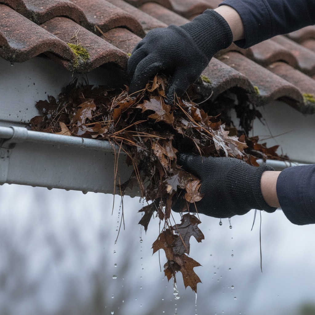 Clearing leaves from a blocked gutter