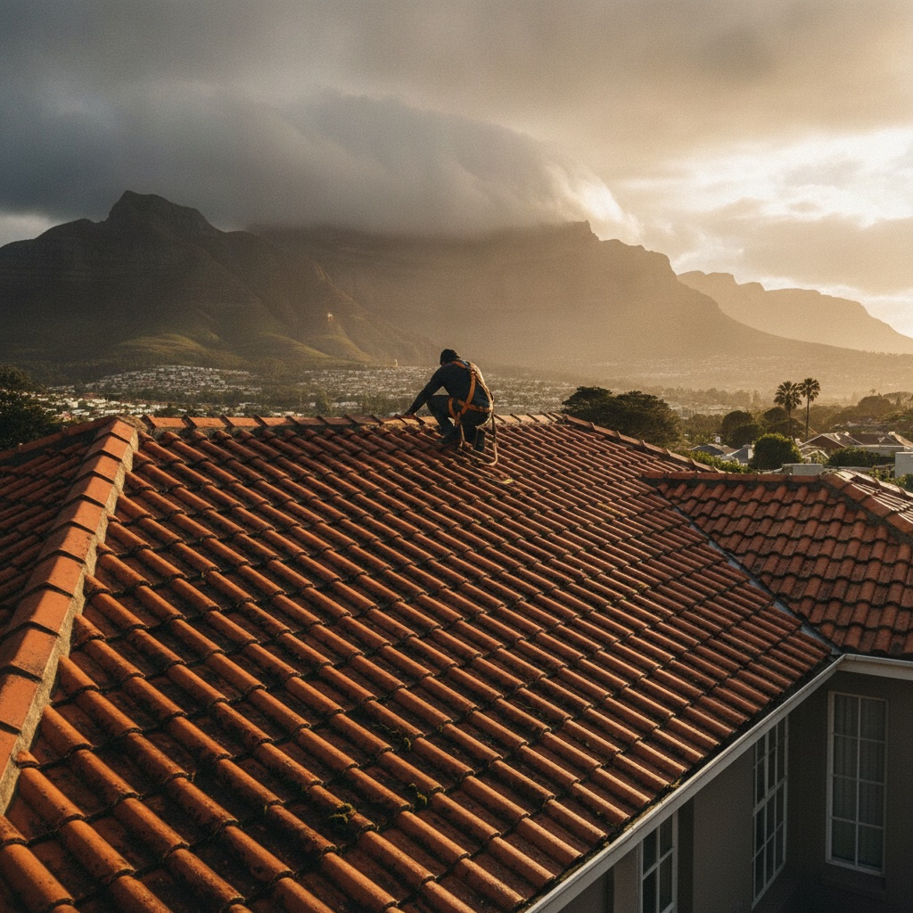 Roofer inspecting a tiled roof in Cape Town with Table Mountain behind